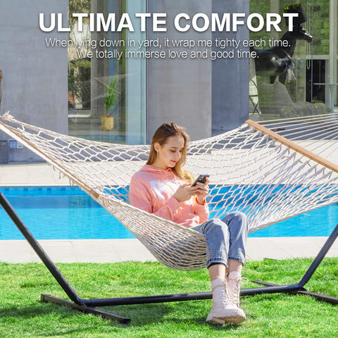 PNAEUT hand-woven cotton rope hammock showcasing traditional craftsmanship for porch and garden.