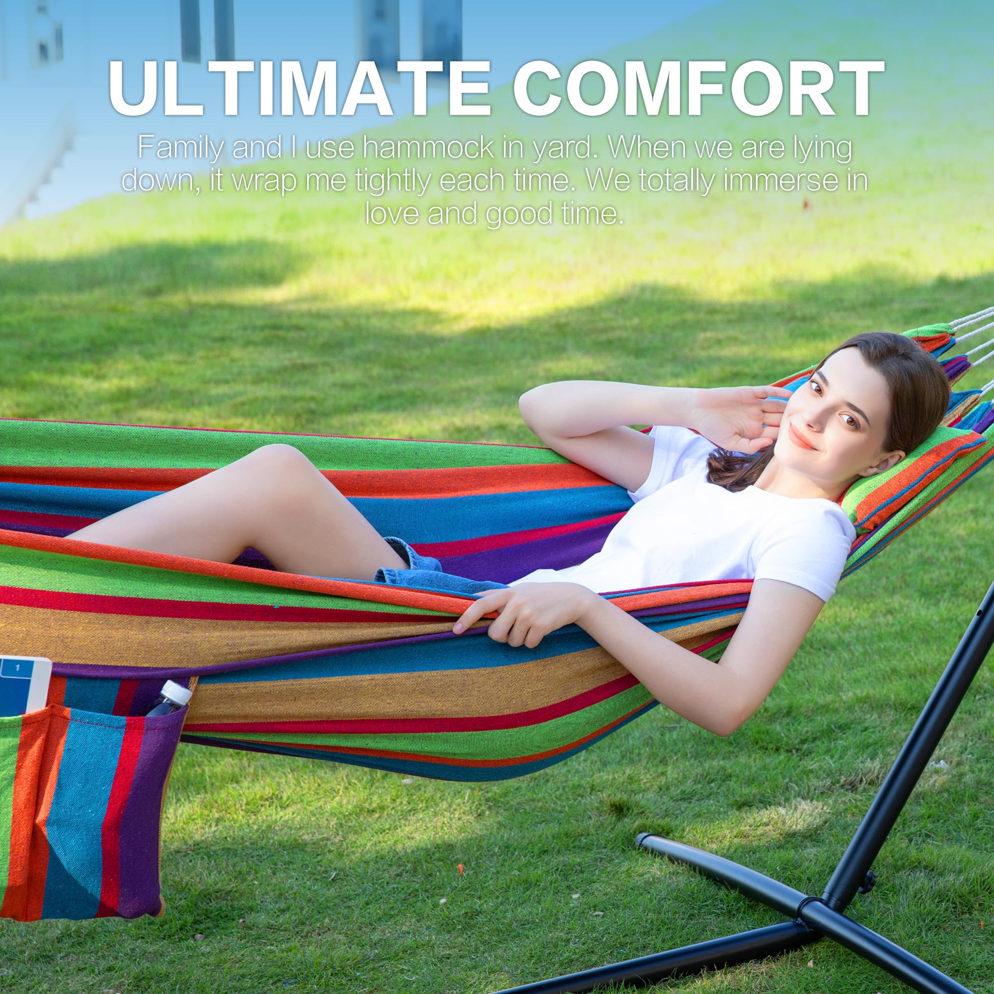 PNAEUT two-person cotton hammock distributes weight for comfortable relaxation