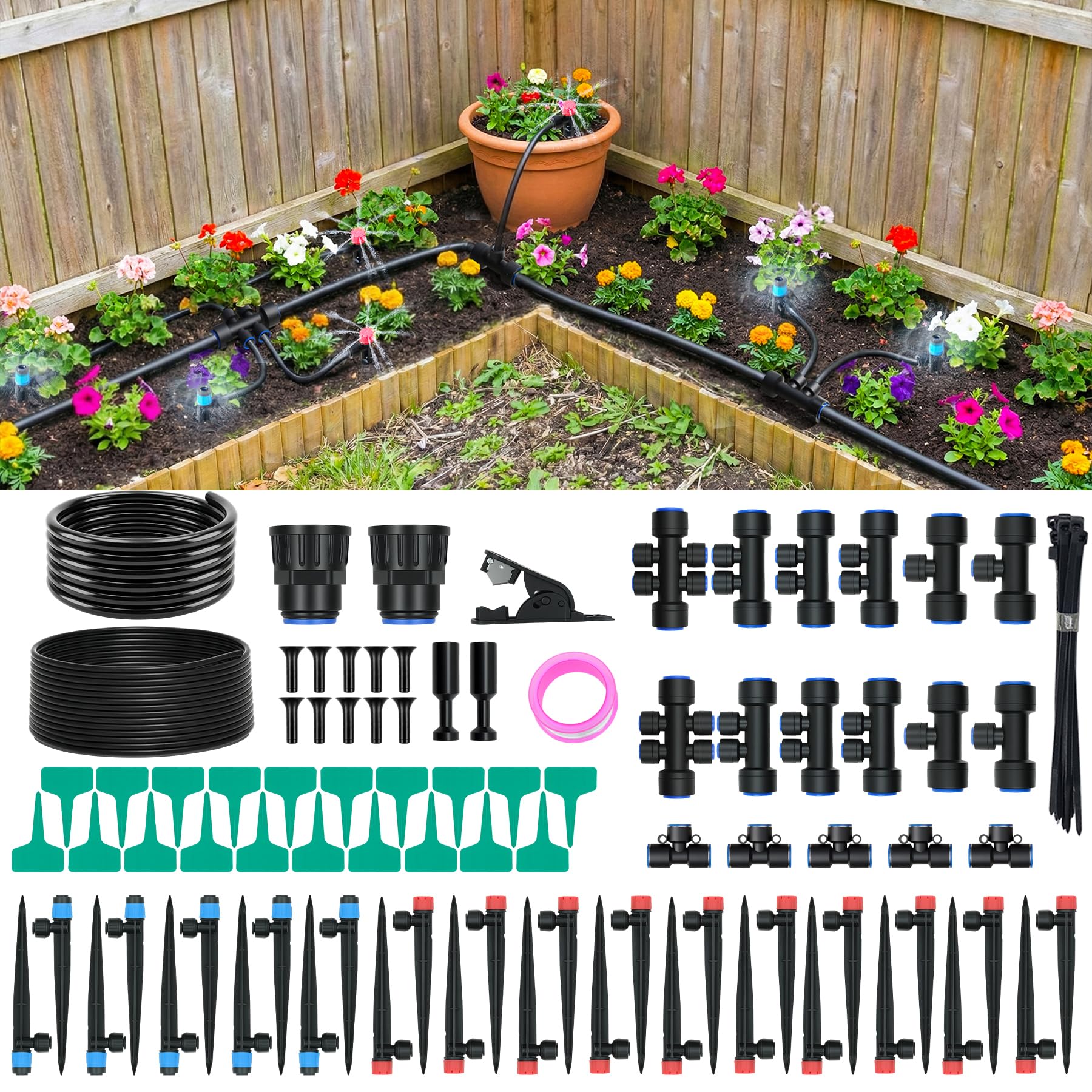 PNNEQ 100FT drip irrigation system shown as outdoor kit for efficient garden watering.