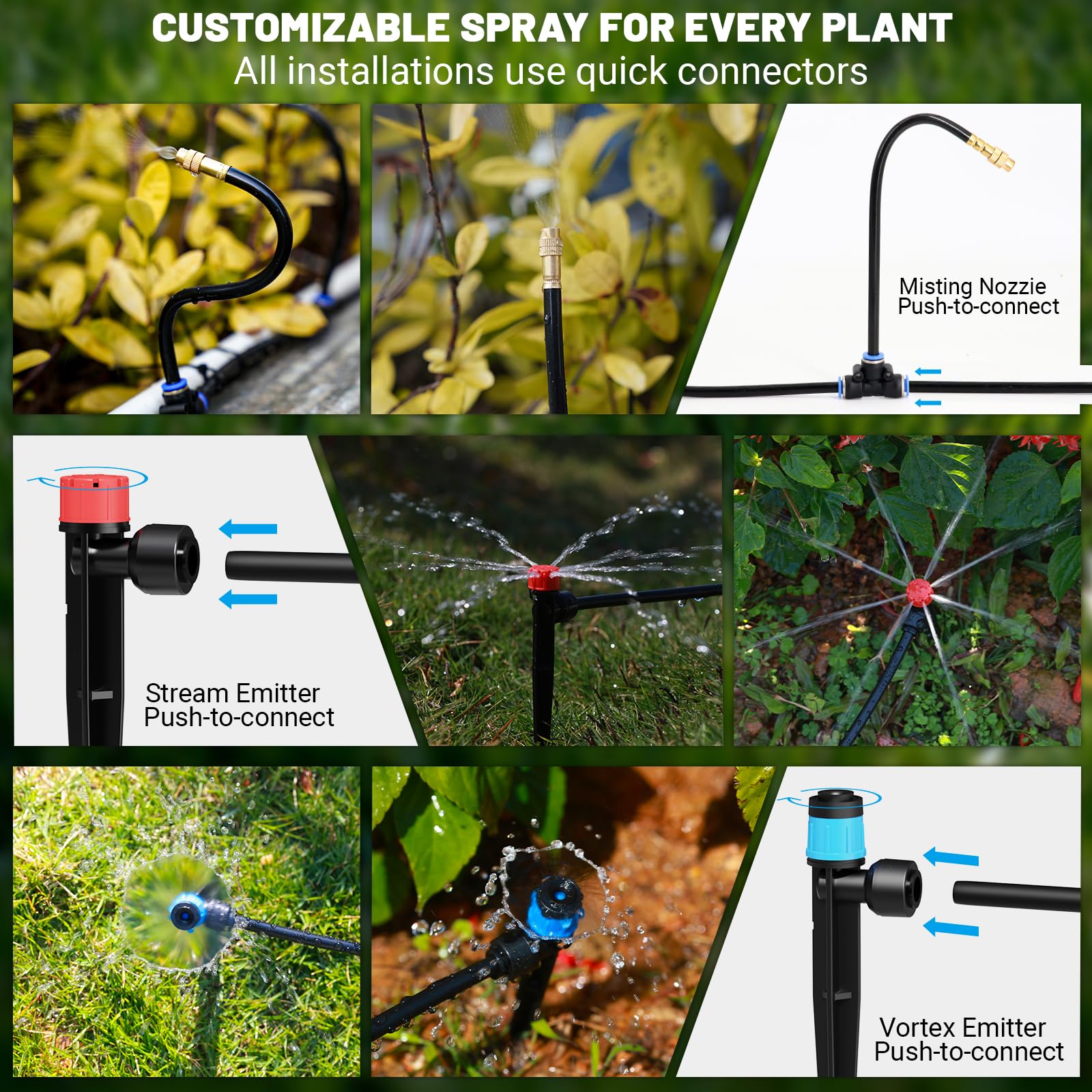 PNNEQ 230FT irrigation system offers adjustable flow to save water while nourishing plants.