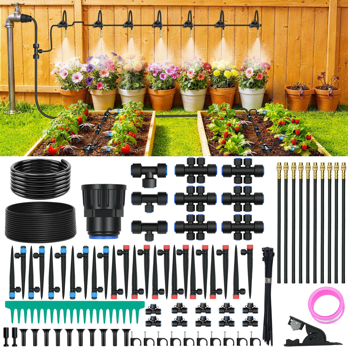PNNEQ 230FT drip irrigation kit with push-fit connectors for reliable, leak-free garden irrigation.