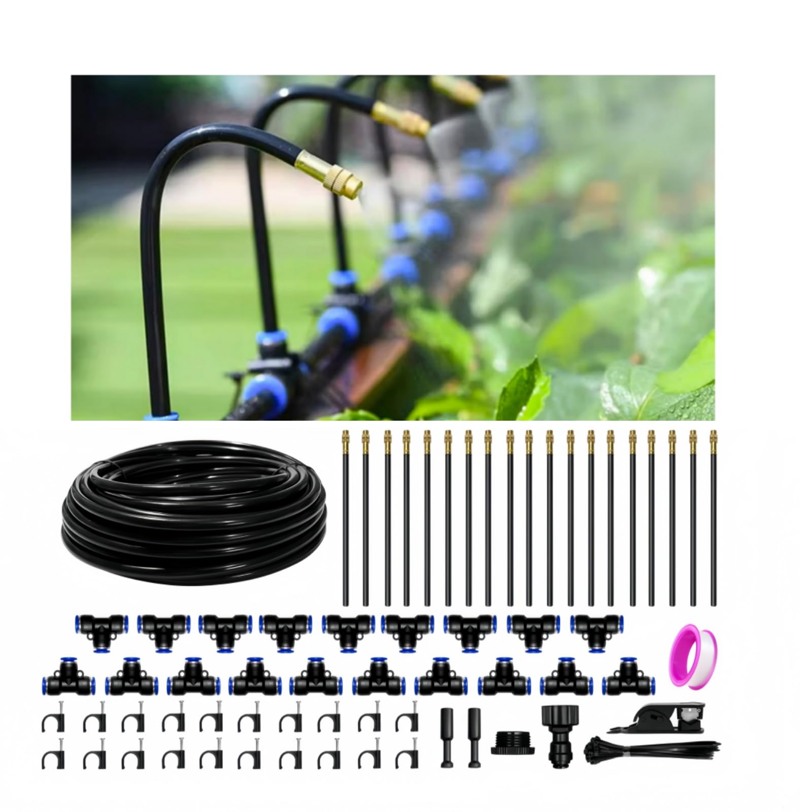 PNNEQ 60 ft drip irrigation kit assembly for quick, tool-free outdoor setup.