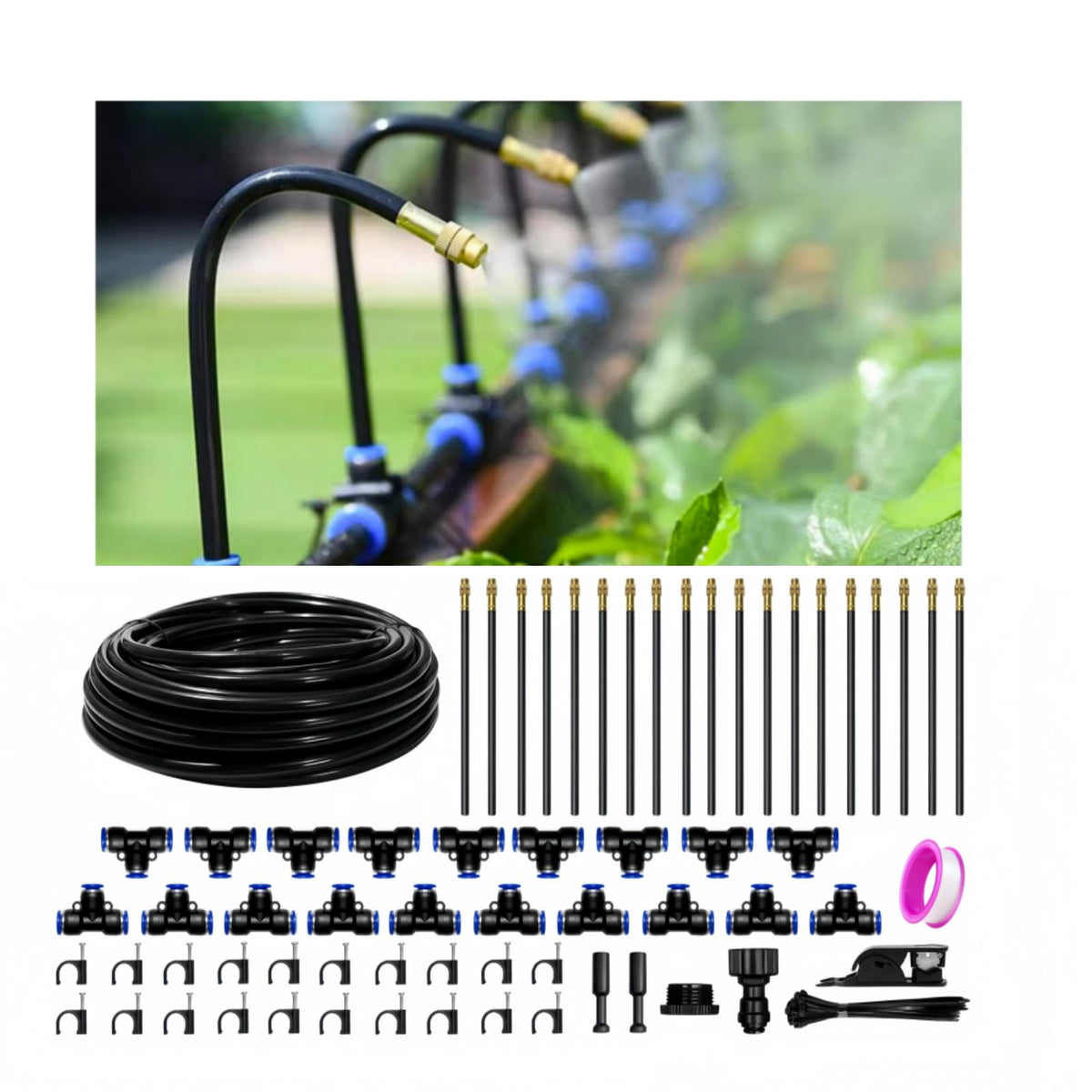 PNNEQ 60 ft drip irrigation kit assembly for quick, tool-free outdoor setup.