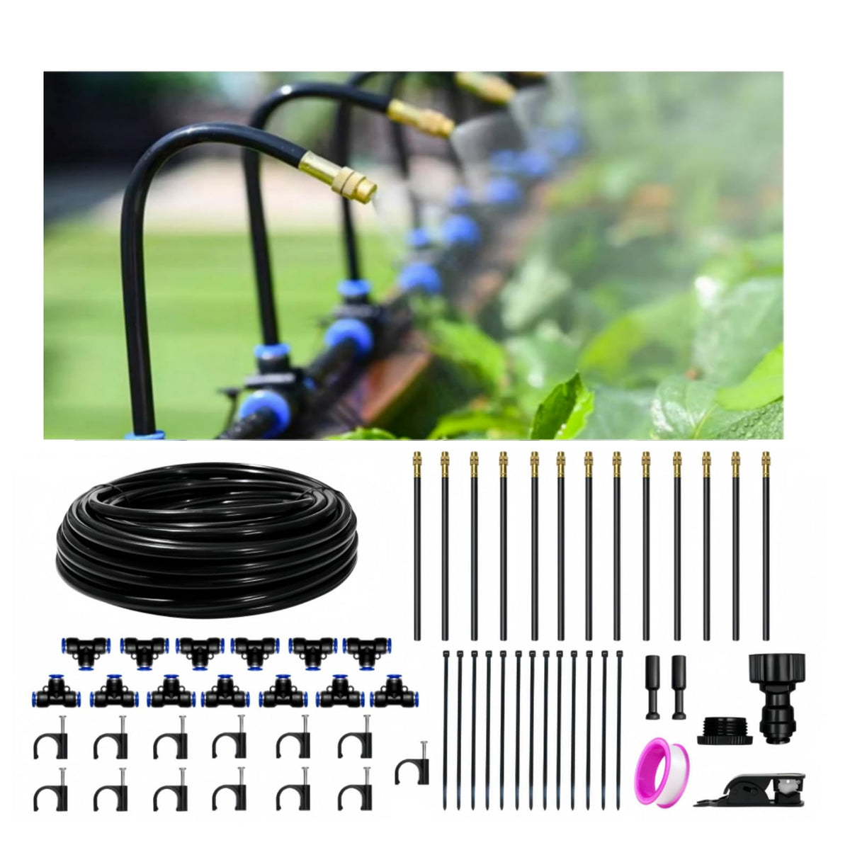 PNNEQ drip irrigation 40ft kit with rotatable nozzles for precise watering.