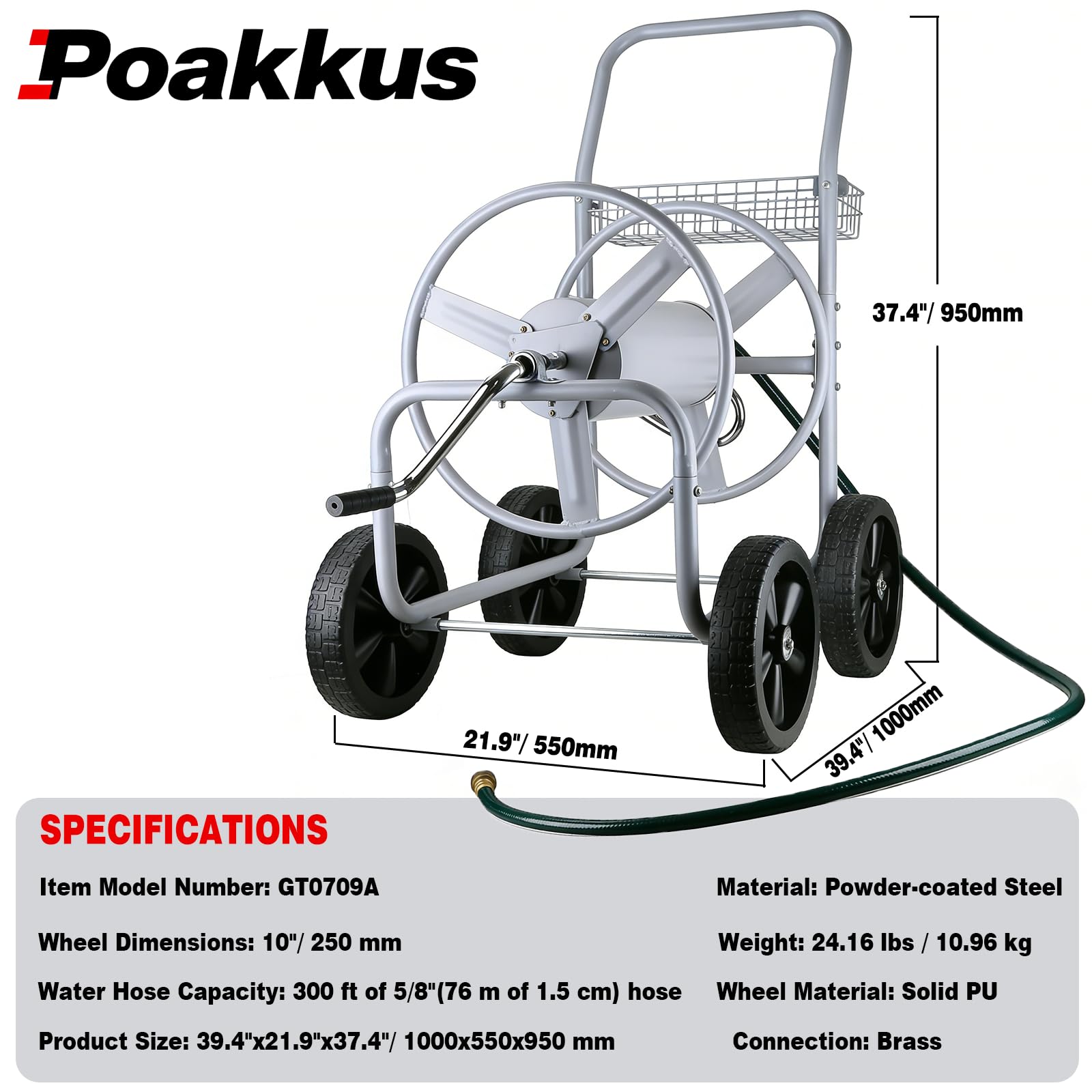 Poakkus Hose Reel Cart all-terrain wheels roll on grass and gravel.