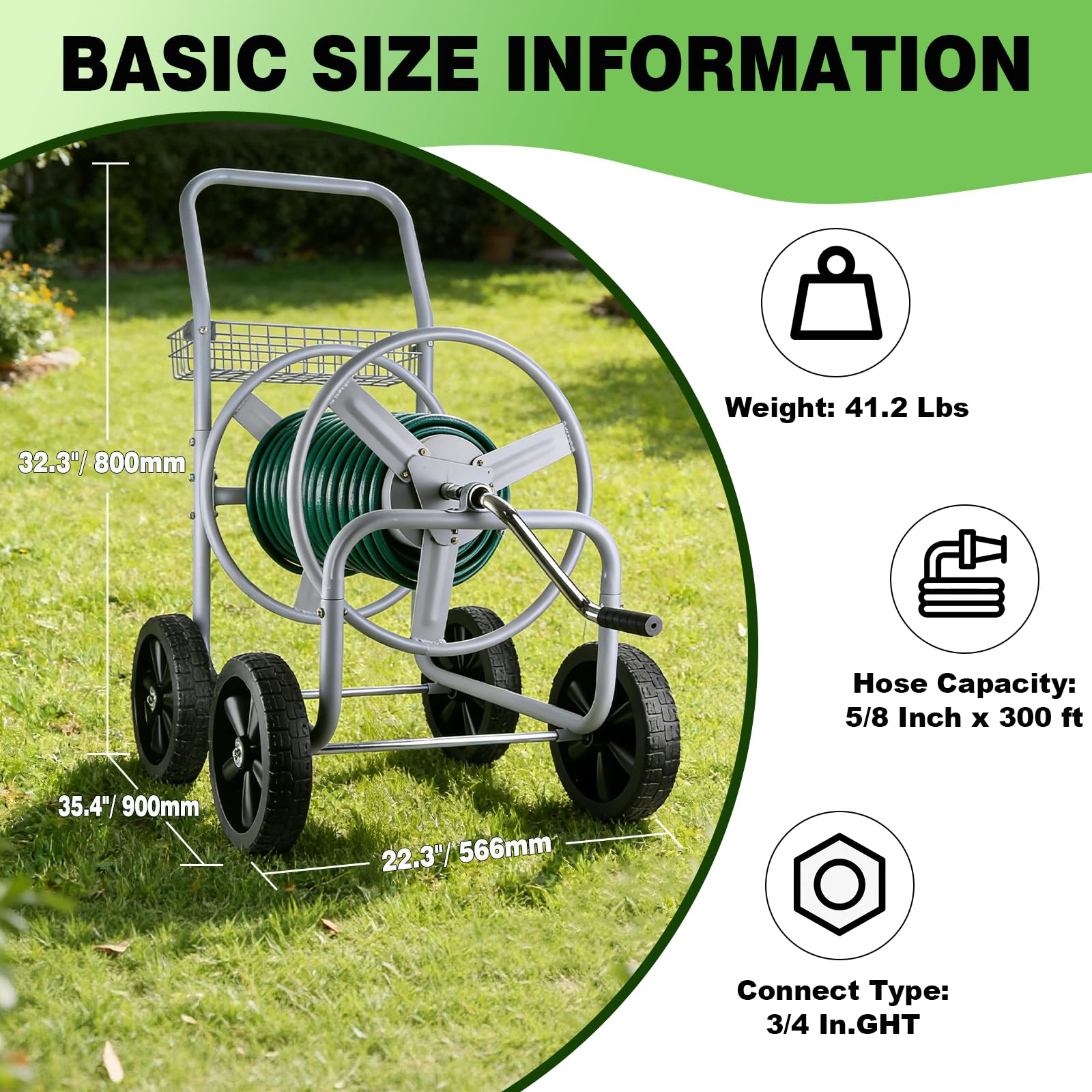 Poakkus hose reel cart capacity up to 250ft hose supports long irrigation runs.