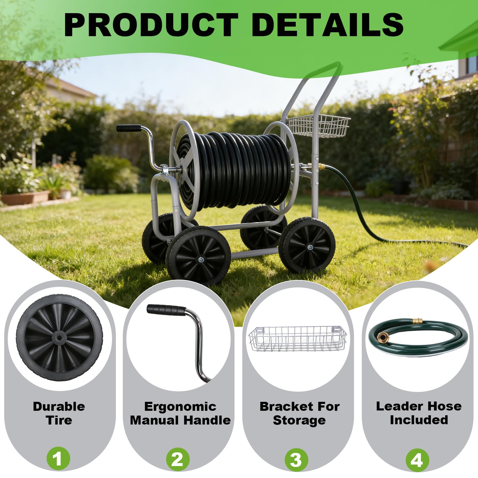 Poakkus Hose Reel Cart easy-wind handle facilitates smooth hose retrieval.