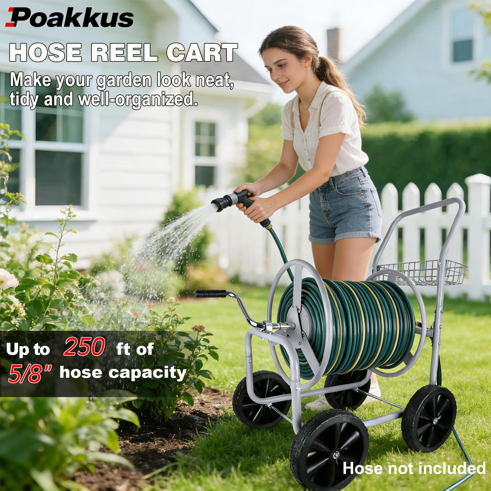 Poakkus hose reel cart stable assembly keeps hoses organized after watering.