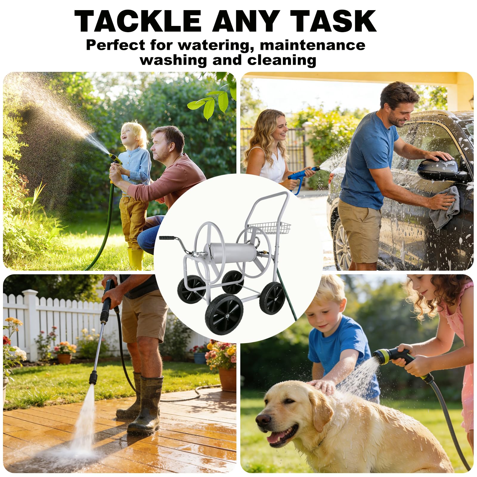 Poakkus hose reel cart in a lush yard demonstrates practical irrigation setup.