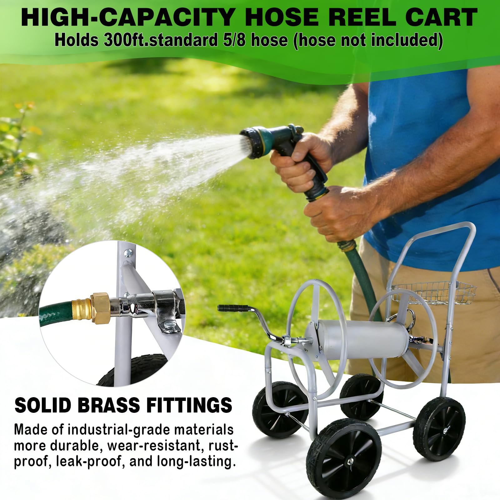 Poakkus Hose Reel Cart storage basket keeps nozzles within reach.