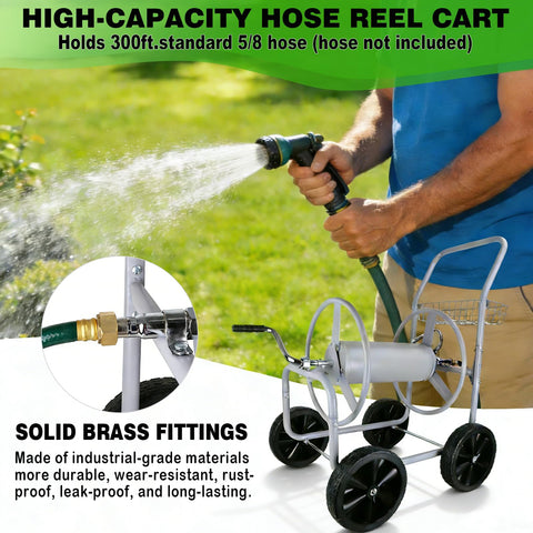 Poakkus Hose Reel Cart storage basket keeps nozzles within reach.