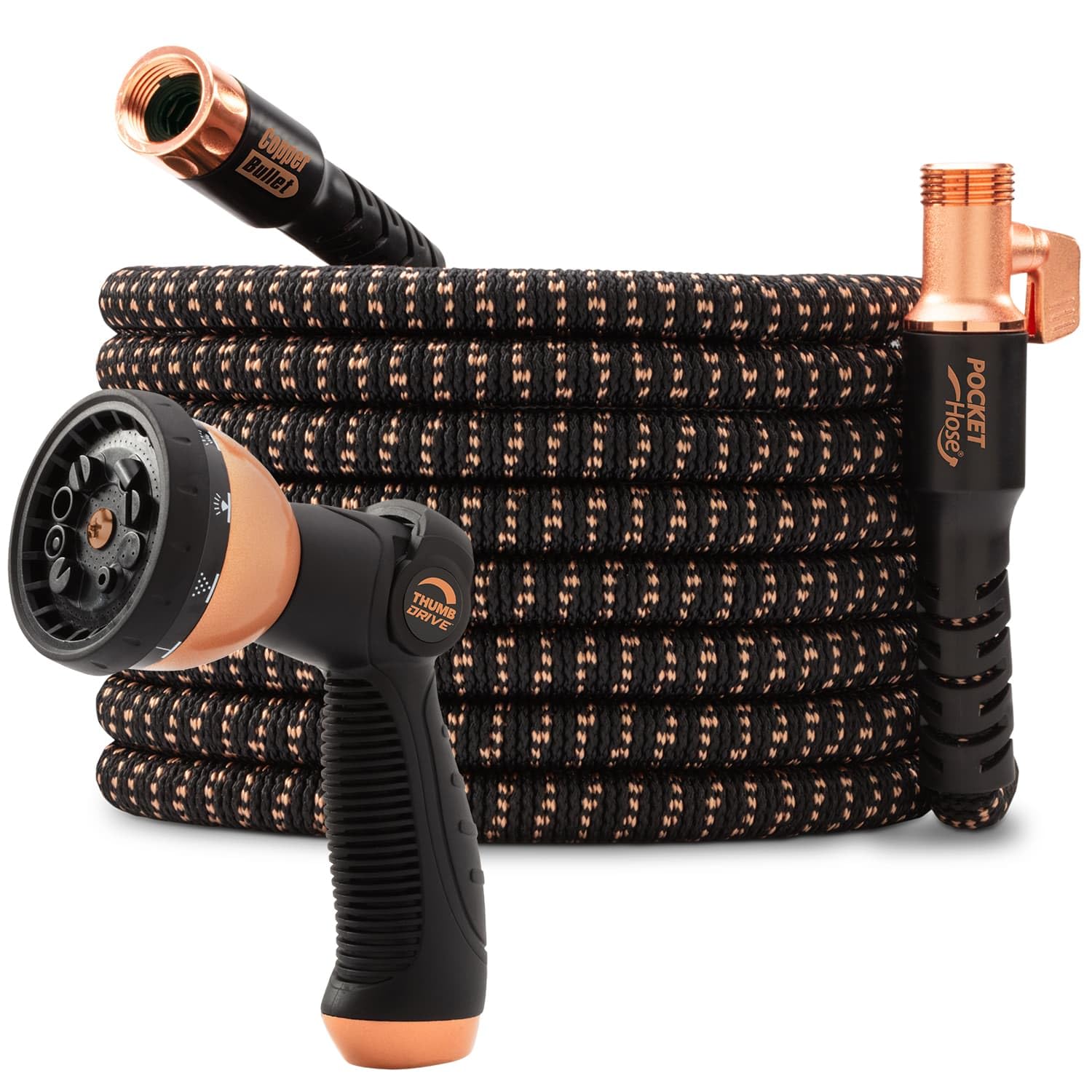 Pocket Hose 100ft copper bullet extendable hose expanding to reach far garden taps