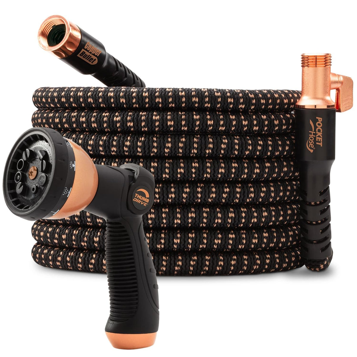 Pocket Hose 100ft copper bullet extendable hose expanding to reach far garden taps