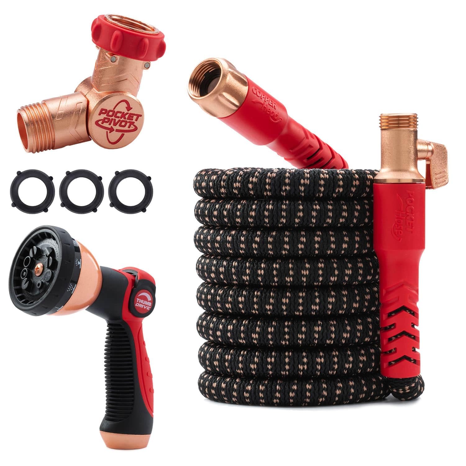 Pocket Hose 50 ft copper head expands for easy garden watering.