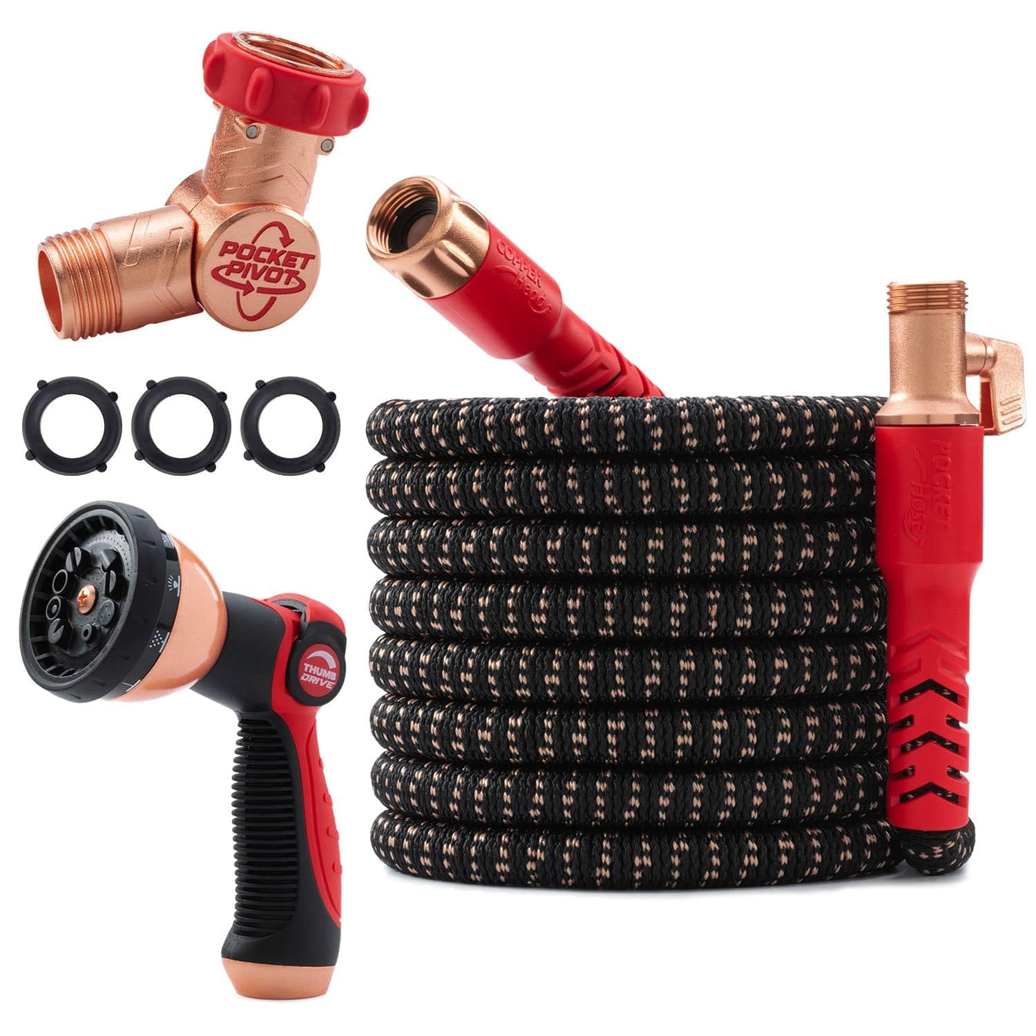 Pocket Hose 75 ft copper head extended for easy watering.