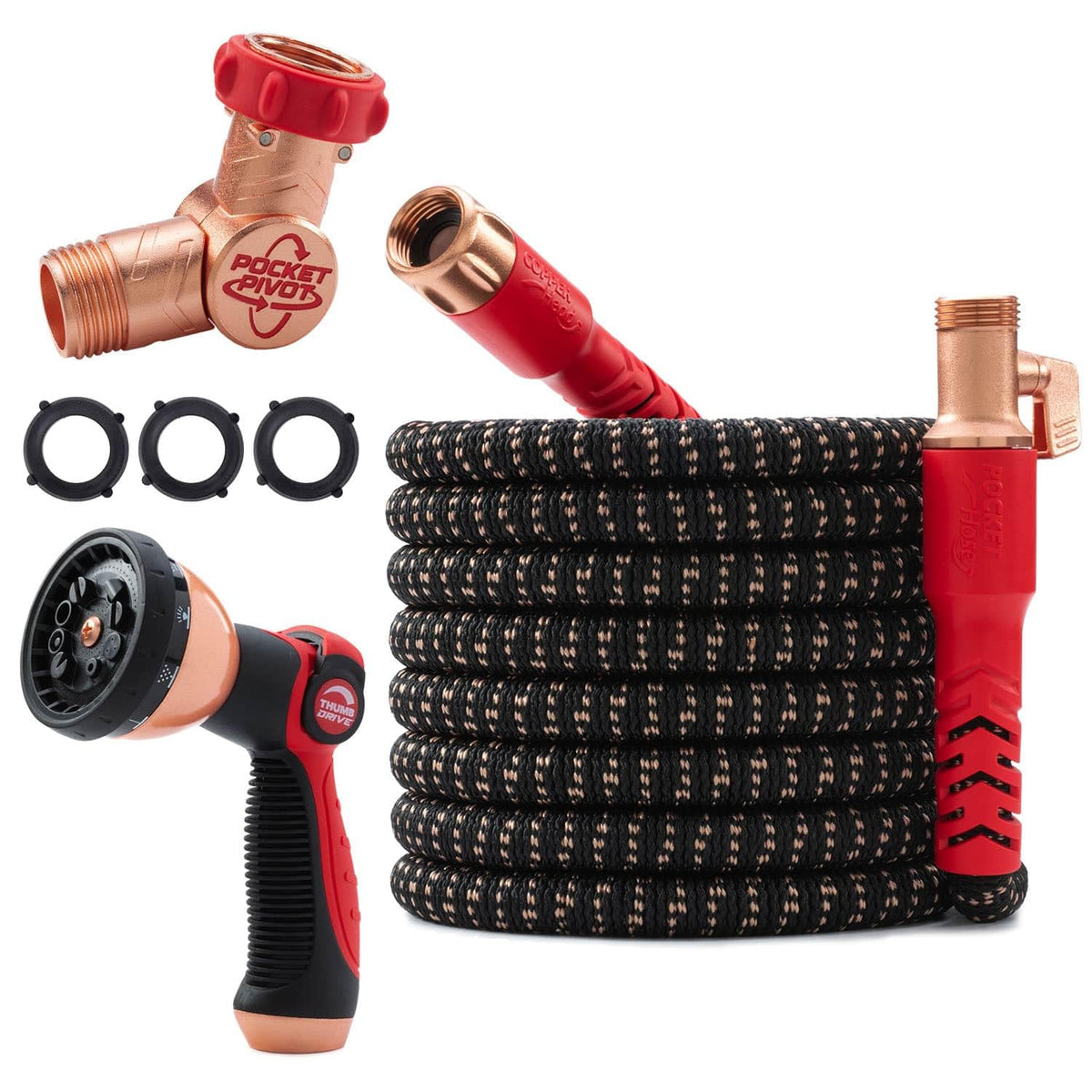 Pocket Hose 75 ft copper head extended for easy watering.