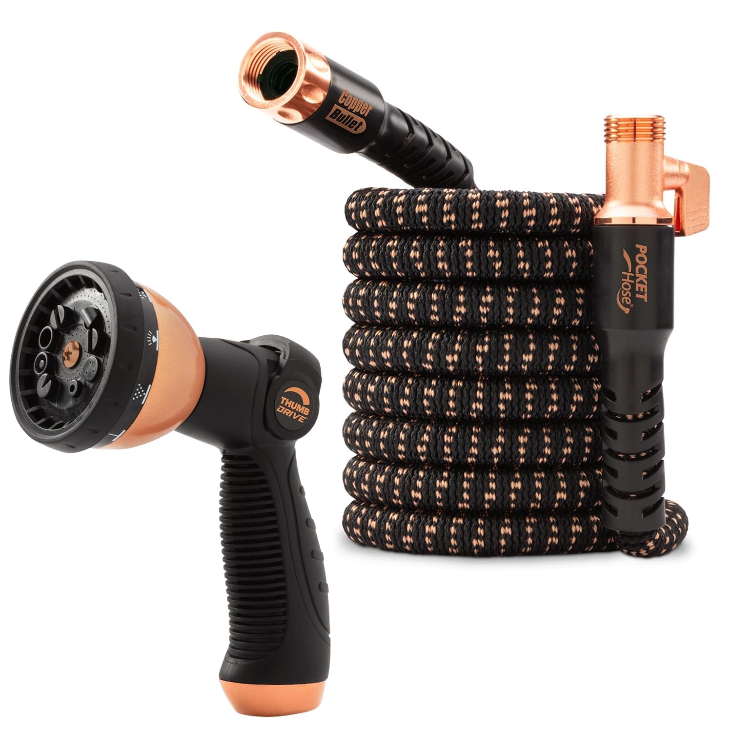 Pocket Hose Copper Bullet 50 ft fully extended for long reach watering.