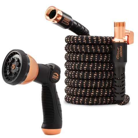 Pocket Hose Copper Bullet 50 ft fully extended for long reach watering.