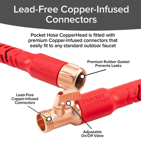 Pocket Hose Copper Head 360-degree swivel reaches hard-to-reach spots.