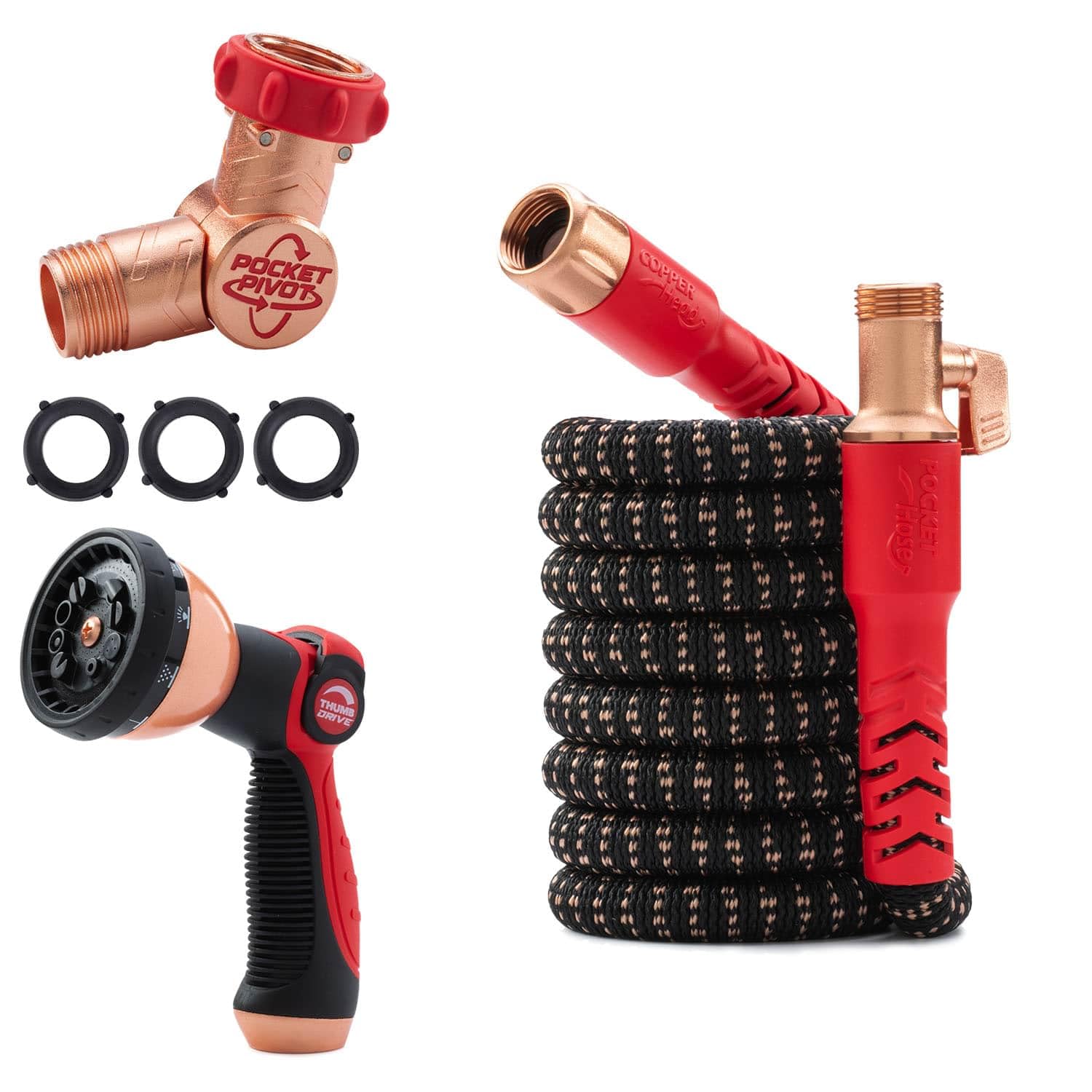 Pocket Hose Copper Head pocket pivot swivel for easy watering at any angle.
