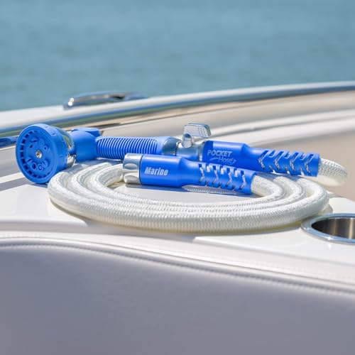 Pocket Hose expands to 25 feet for marine and RV setups.