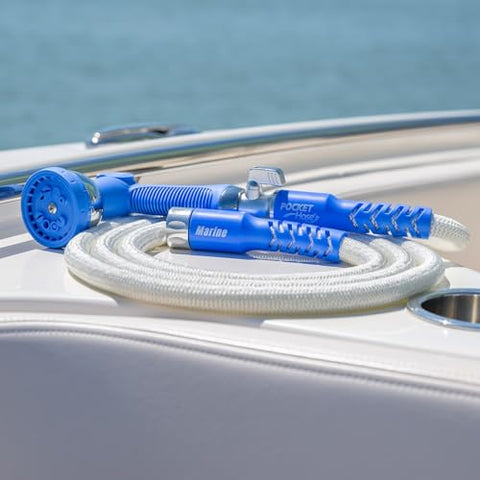 Pocket Hose expands to 25 feet for marine and RV setups.
