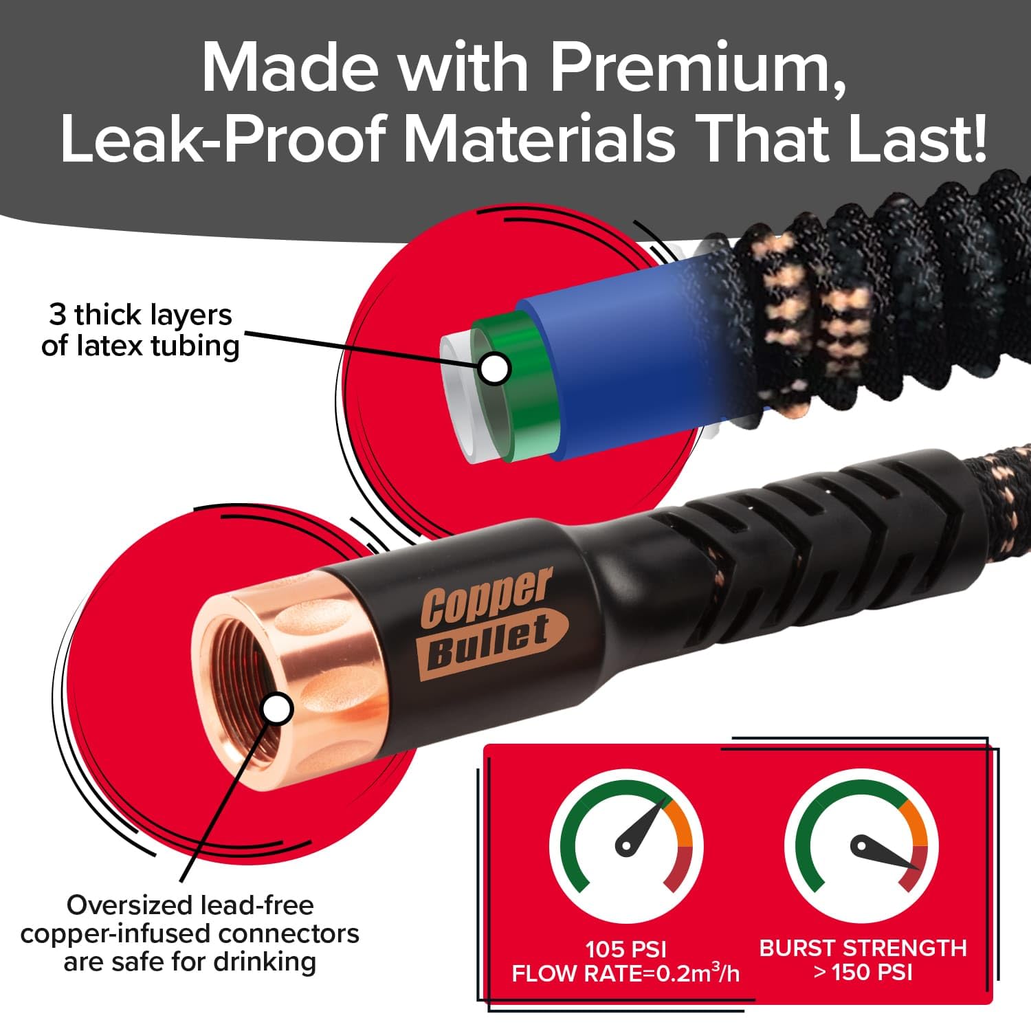 Pocket Hose lead-free solid copper construction emphasizes safety and durability for outdoor tasks.