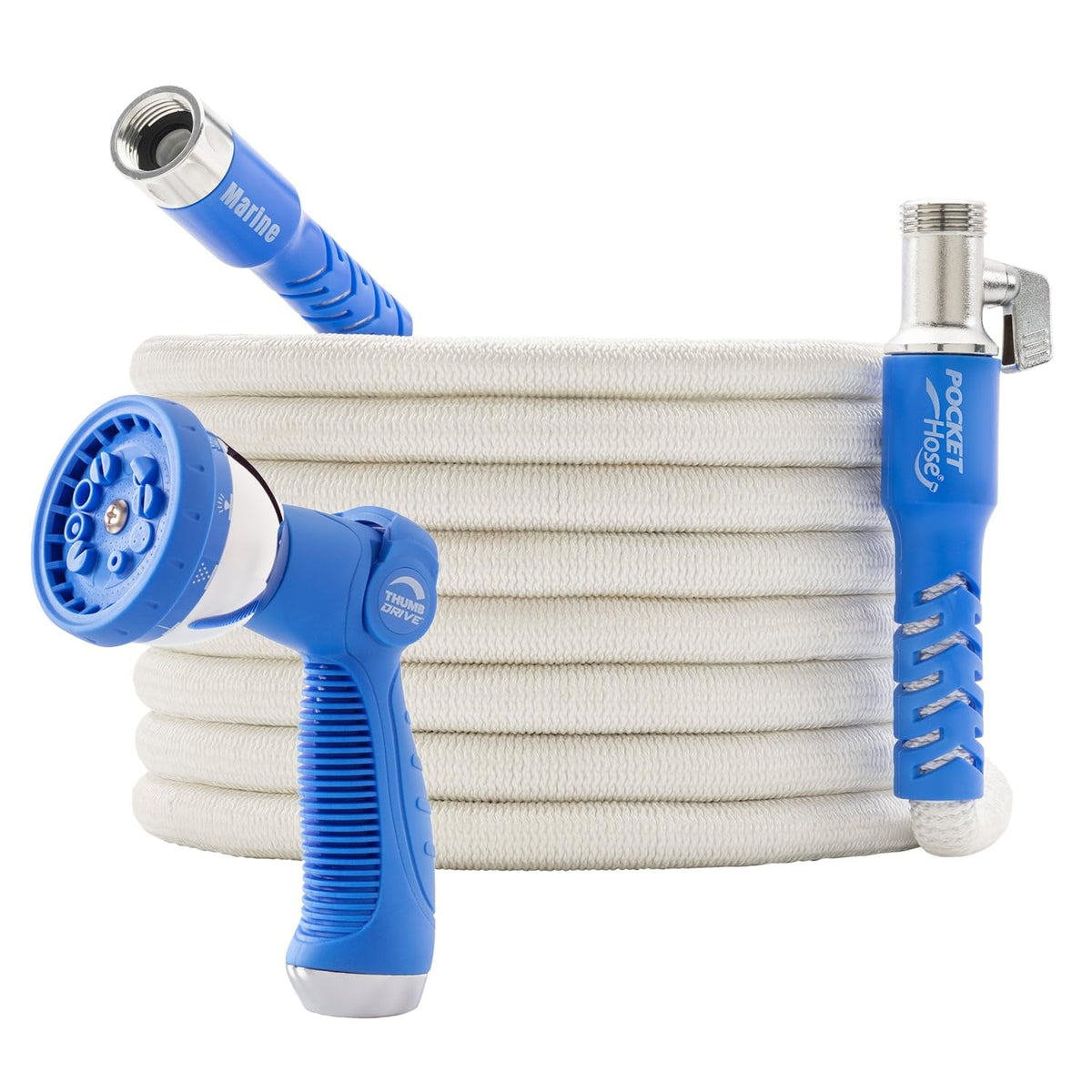 Pocket Hose Marine with white exterior reduces scuff marks on boat decks.