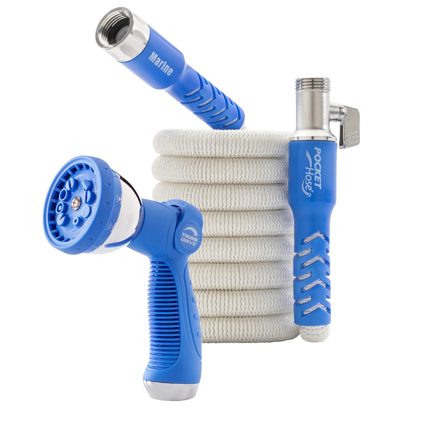 Pocket Hose Marine with white exterior on a boat deck stays scuff-free.