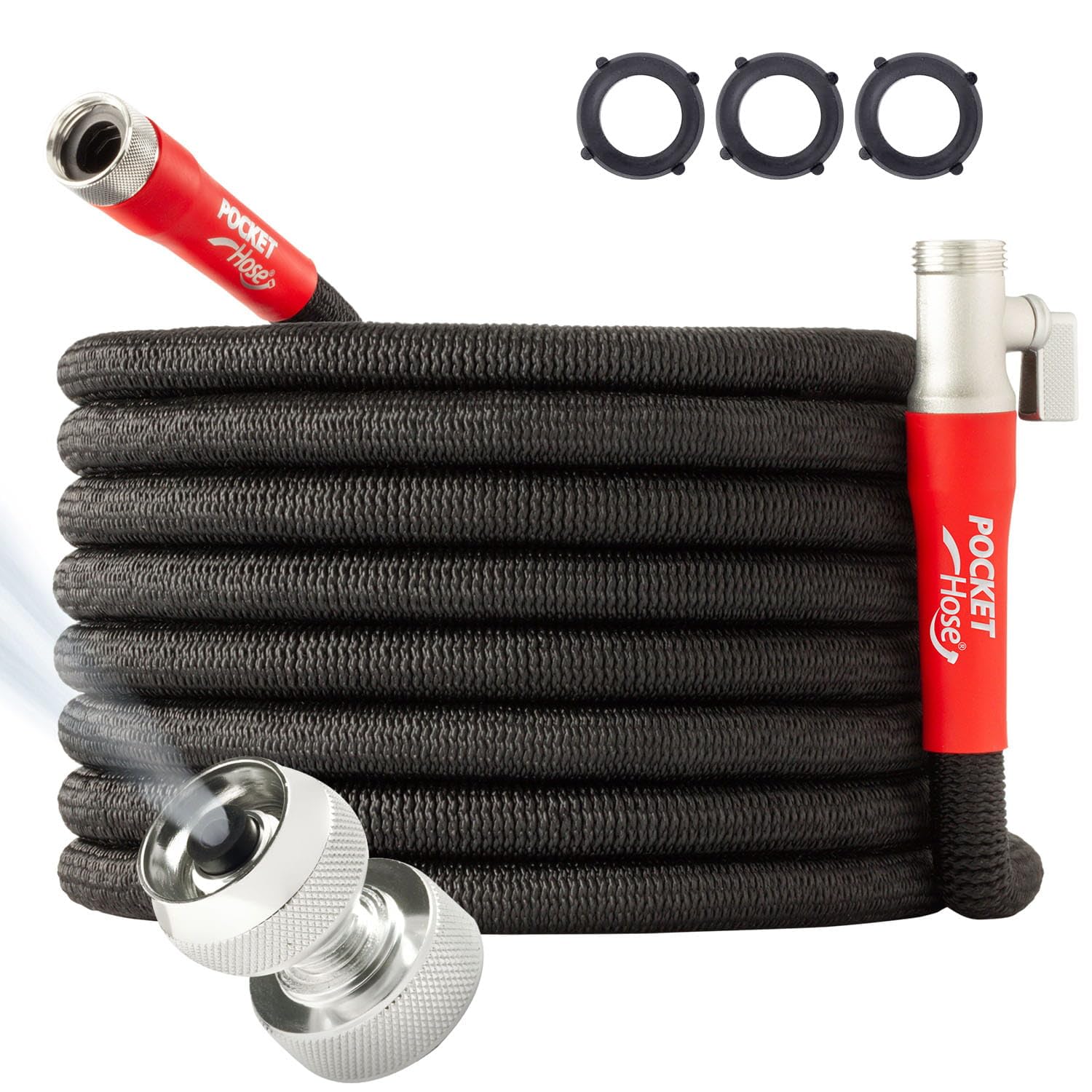 Pocket Hose Silver Bullet 100ft assembled ready for yard use, showing full reach.