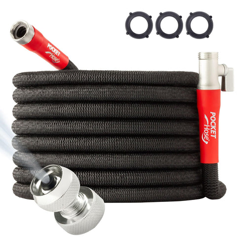 Pocket Hose Silver Bullet 100ft assembled ready for yard use, showing full reach.