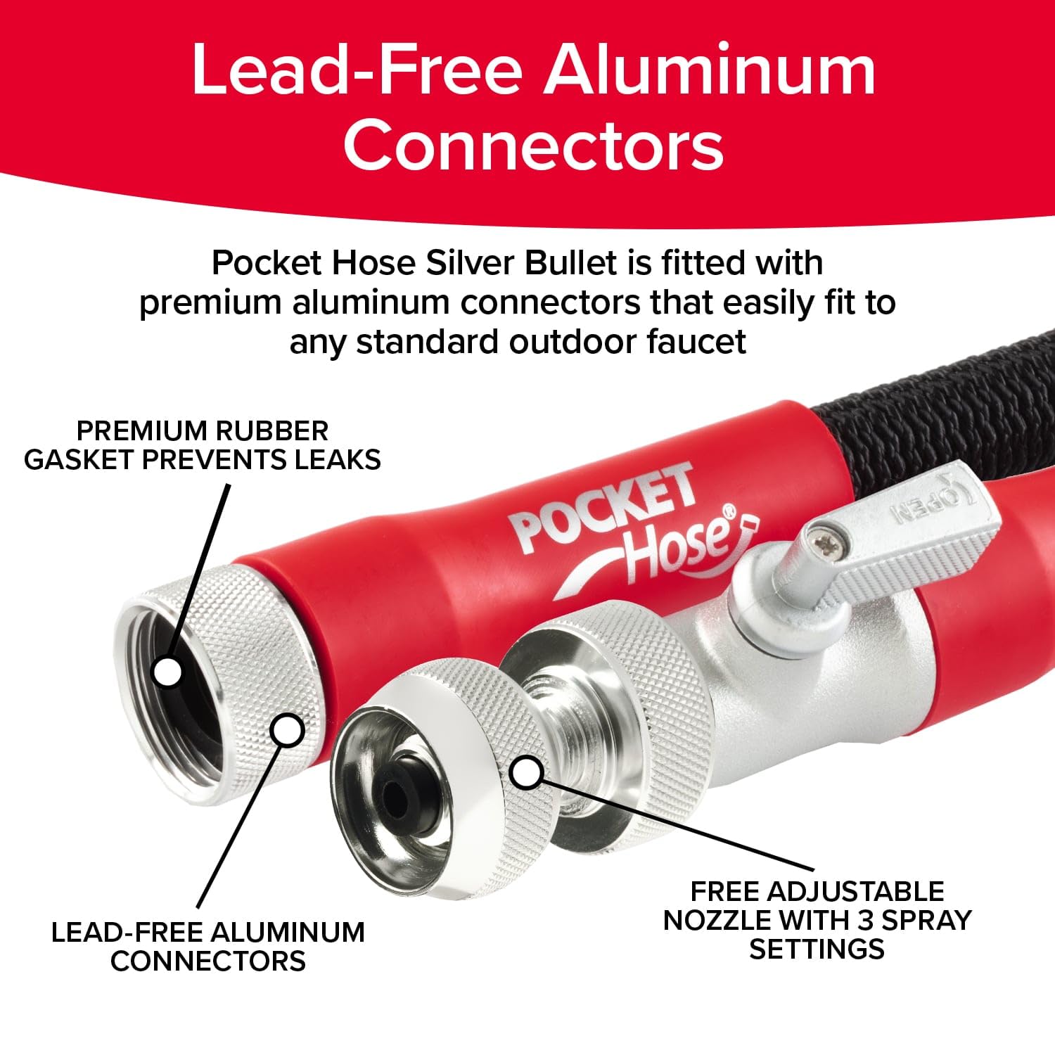 Pocket Hose Silver Bullet easy on/off valve enables quick setup and storage.