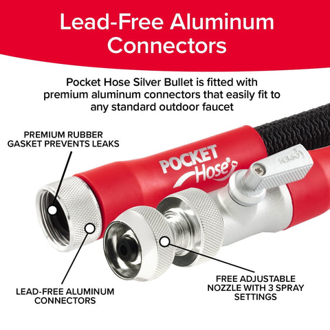 Pocket Hose Silver Bullet easy on/off valve enables quick setup and storage.