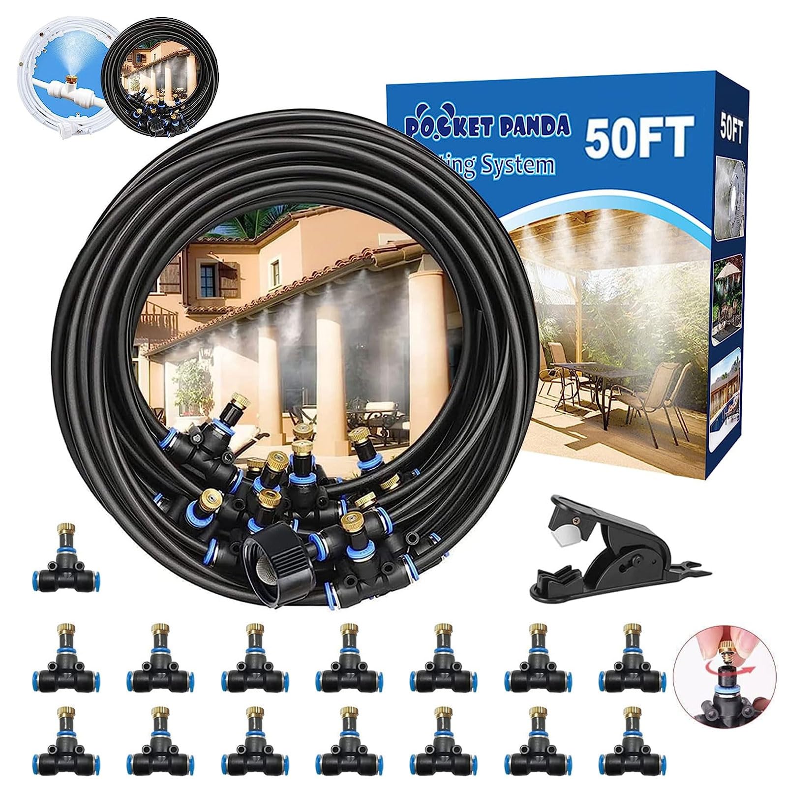 Pocket Panda misting system demonstrates 50ft hose layout for patio cooling