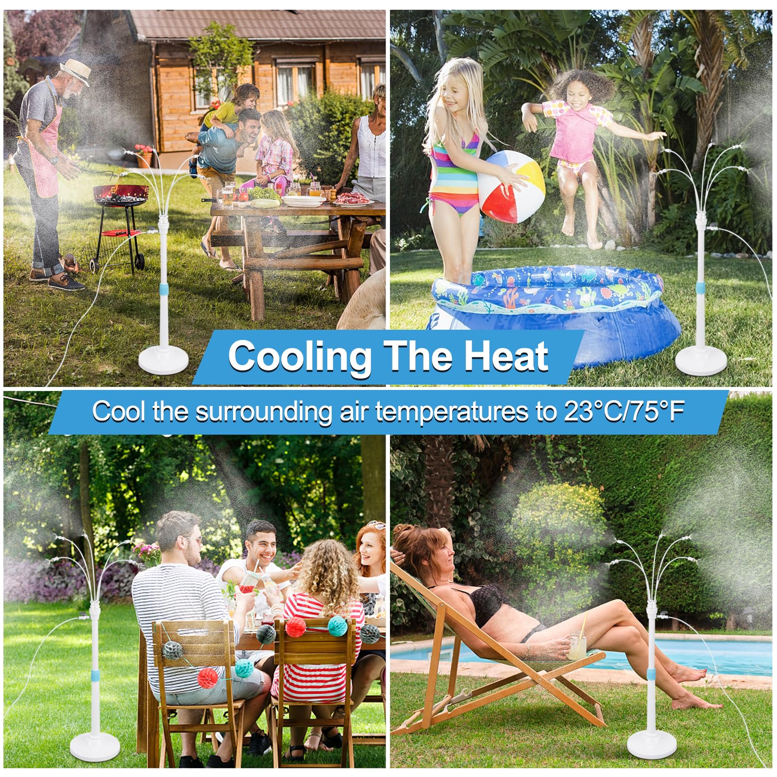 Pocket Panda misters five brass nozzles spray a fine cooling mist over seating areas