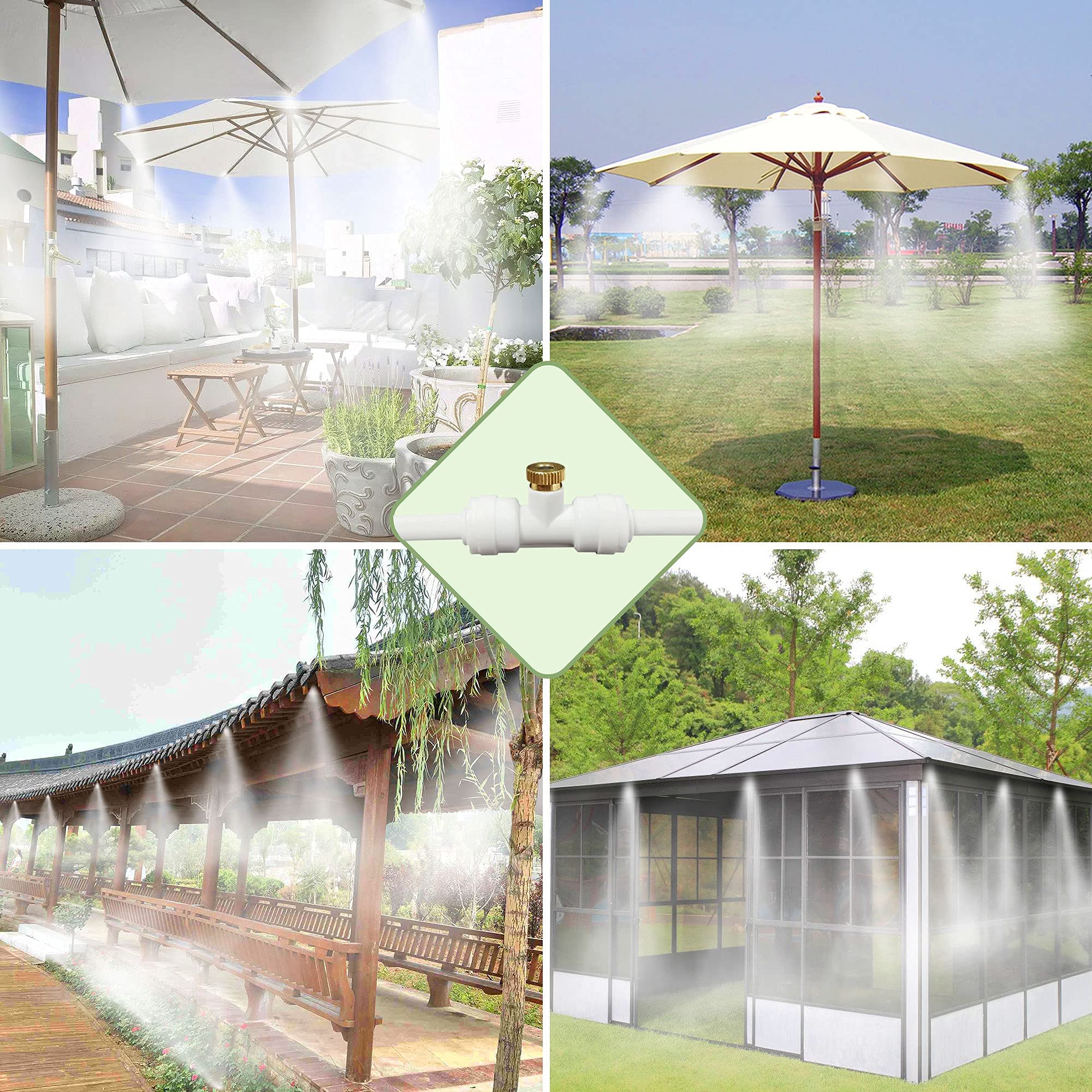 Pocket Panda misting system installed along a sunny patio for cooling