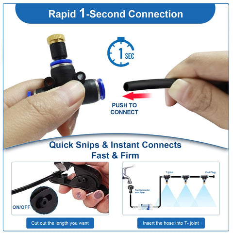 Pocket Panda triple-port T-joints enable flexible misting layouts.