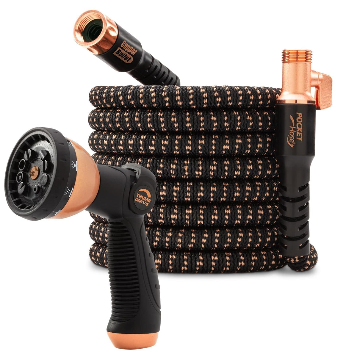 Pocket Hose copper bullet expandable 75ft displays full reach for garden watering.
