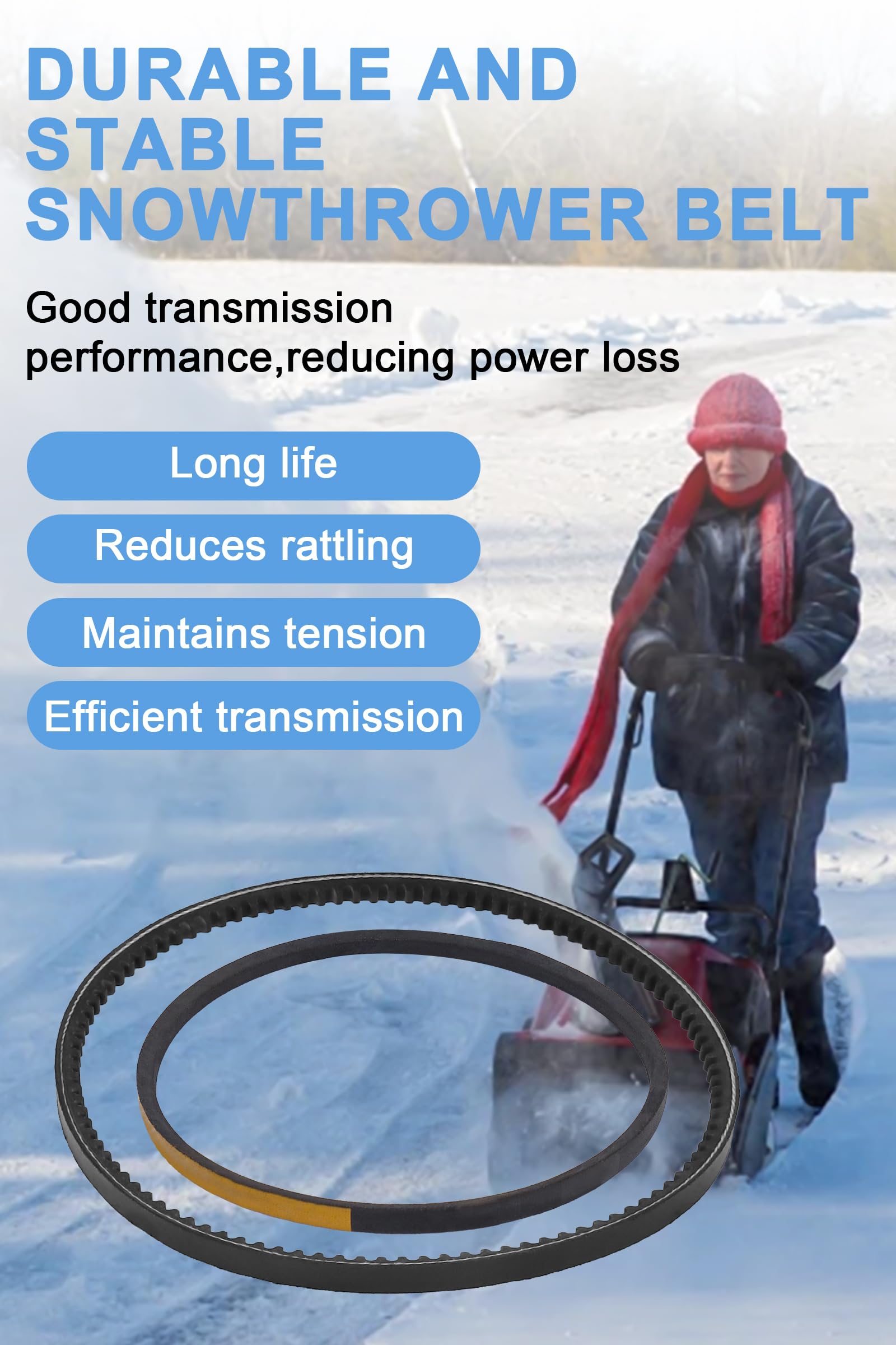 Podoy belt installed in snowthrower during winter-use scenario.