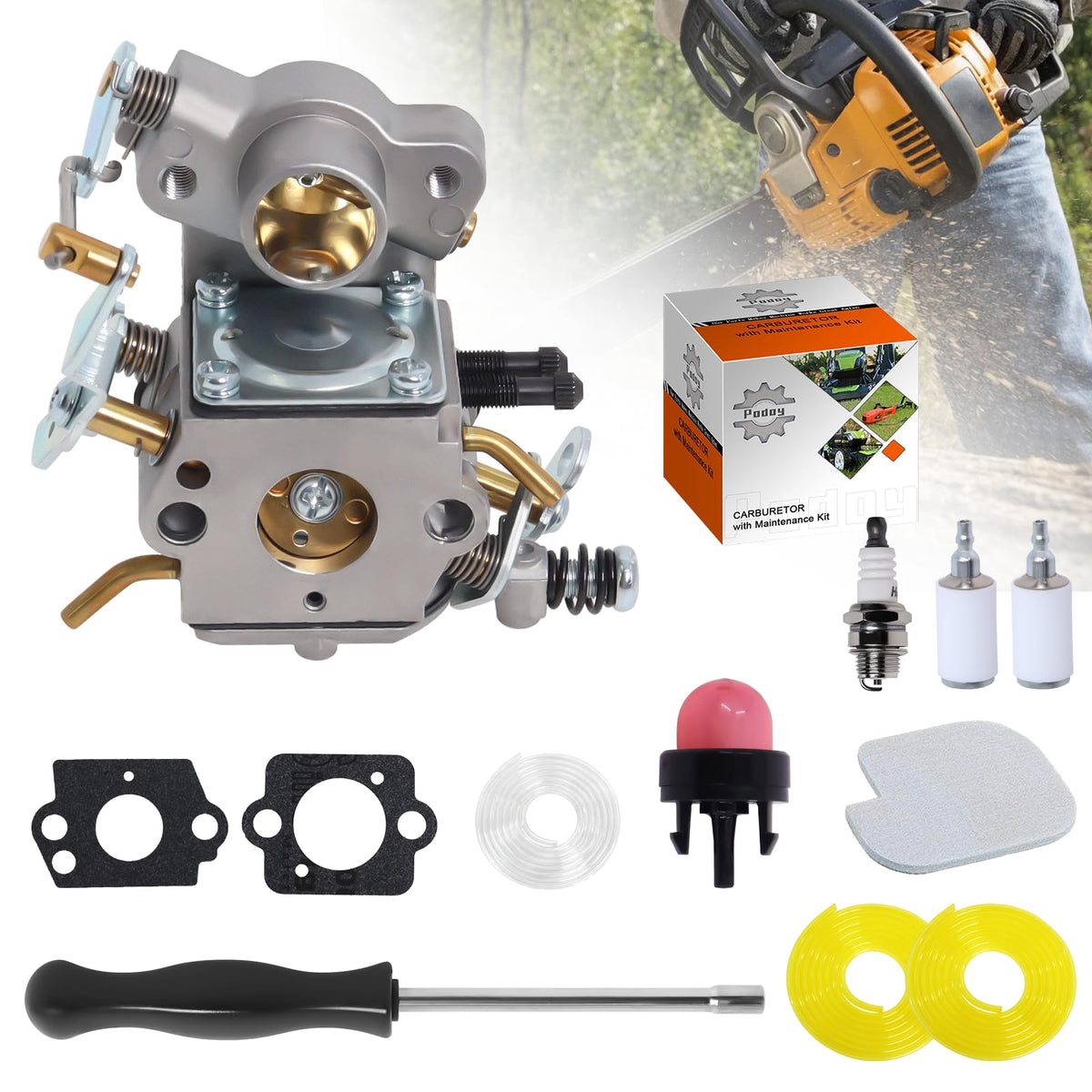 Podoy P3314 PP4218A carburetor kit for Poulan Pro chainsaws improves fuel delivery and reliability
