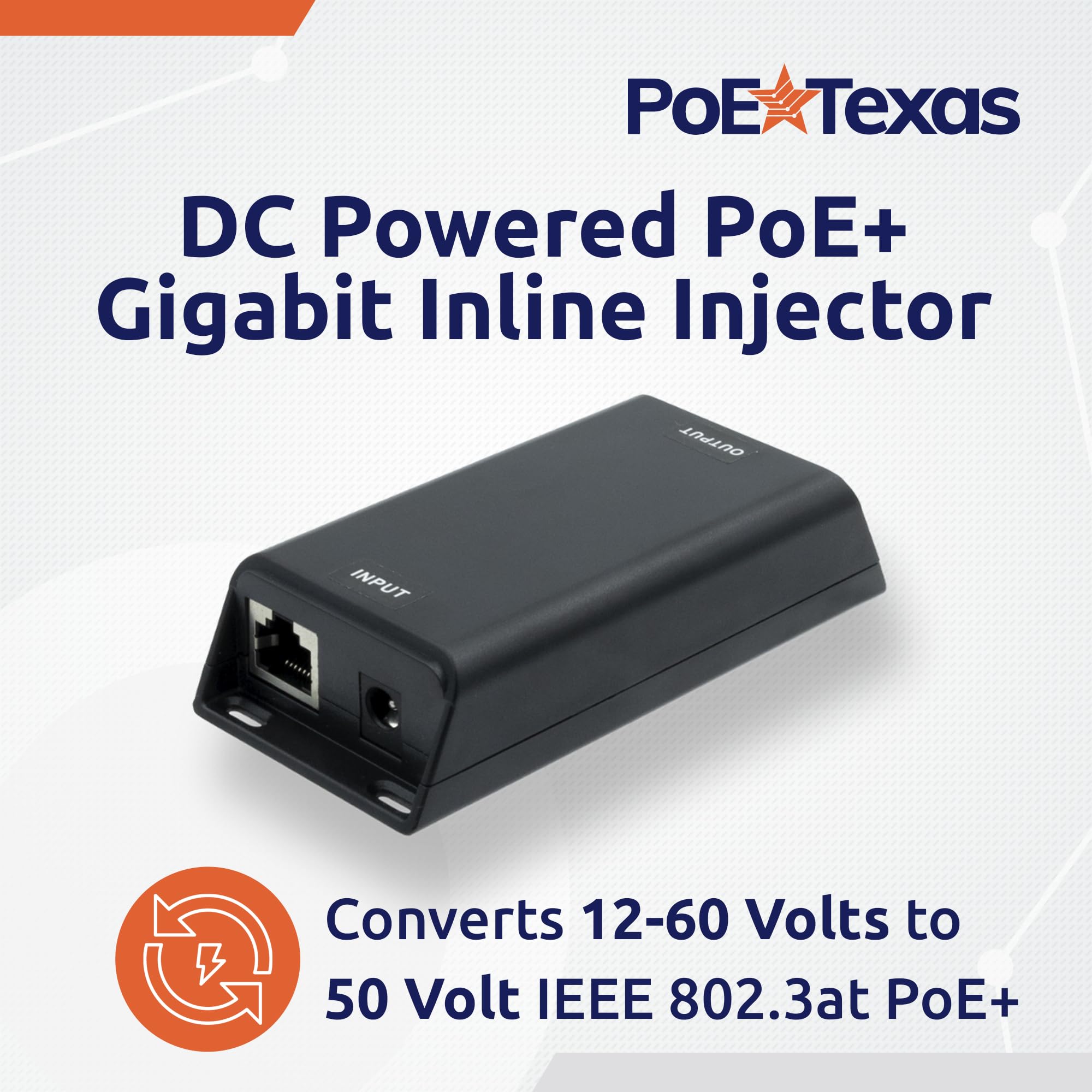 PoE Texas inline injector shows dual input options for flexible power.