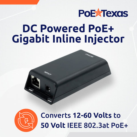 PoE Texas inline injector shows dual input options for flexible power.
