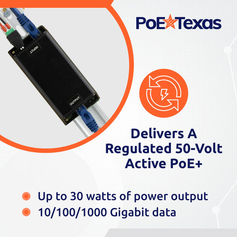PoE Texas injector supports Gigabit data rate for fast networking.
