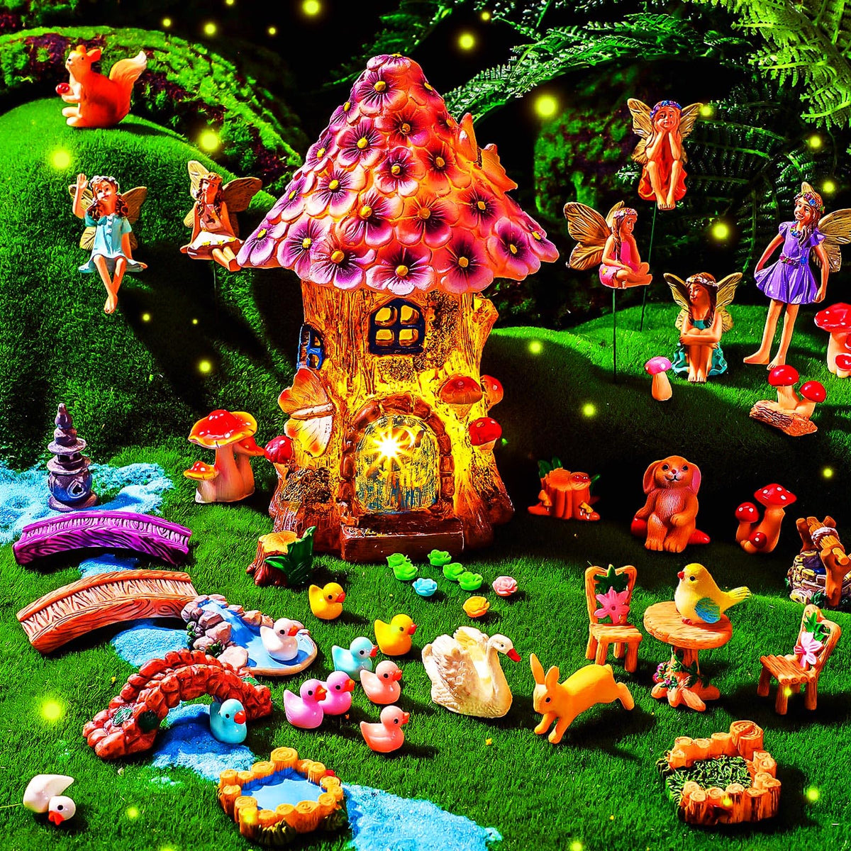 Poen 8-inch solar fairy house lights up at night for magical outdoor decor.