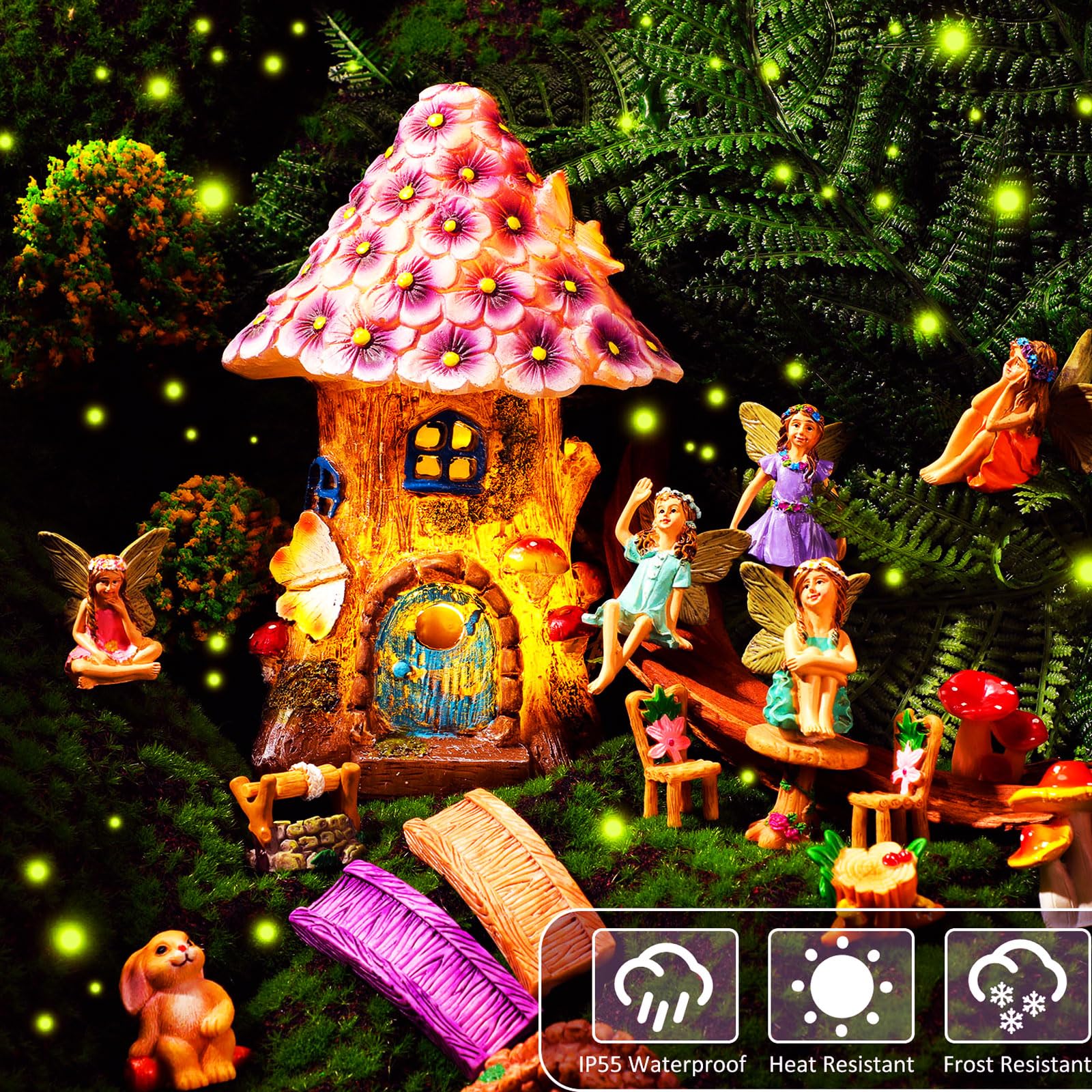 Poen fairy figures set adds whimsy to gardens and terrariums.