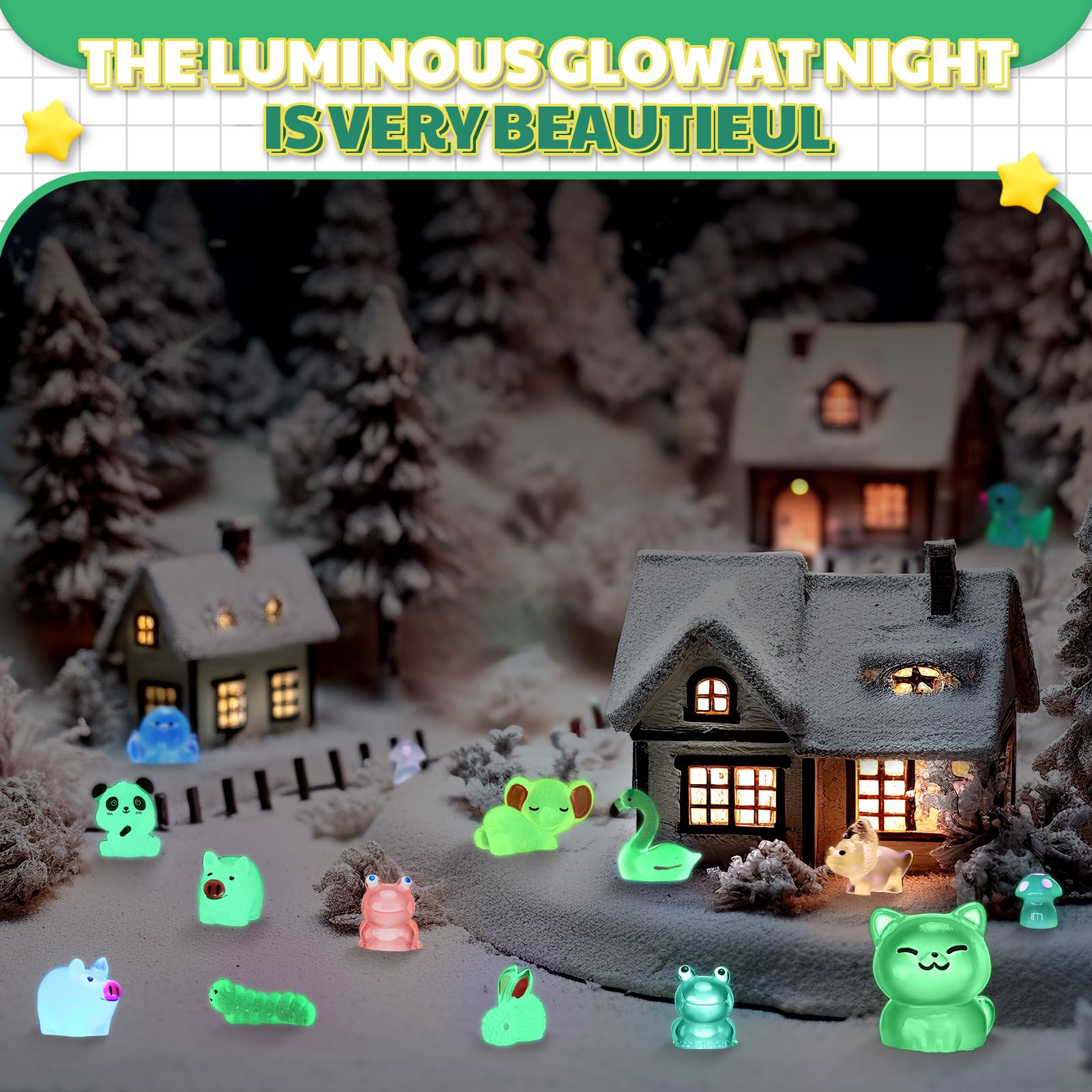 Poen glow-in-dark animals illuminate night dioramas with magical charm
