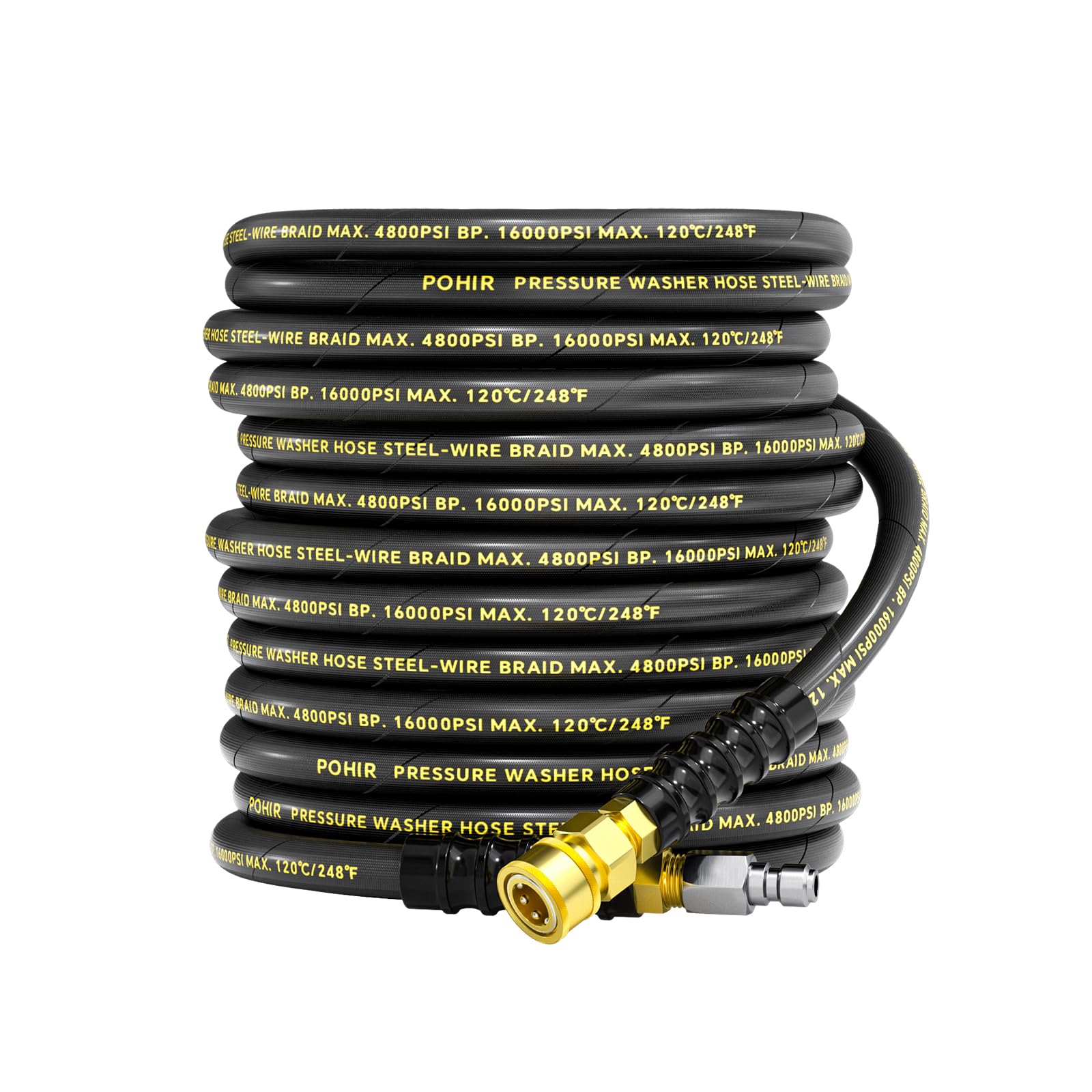 POHIR 3/8-inch hose, 50ft, full length for high-pressure cleaning.