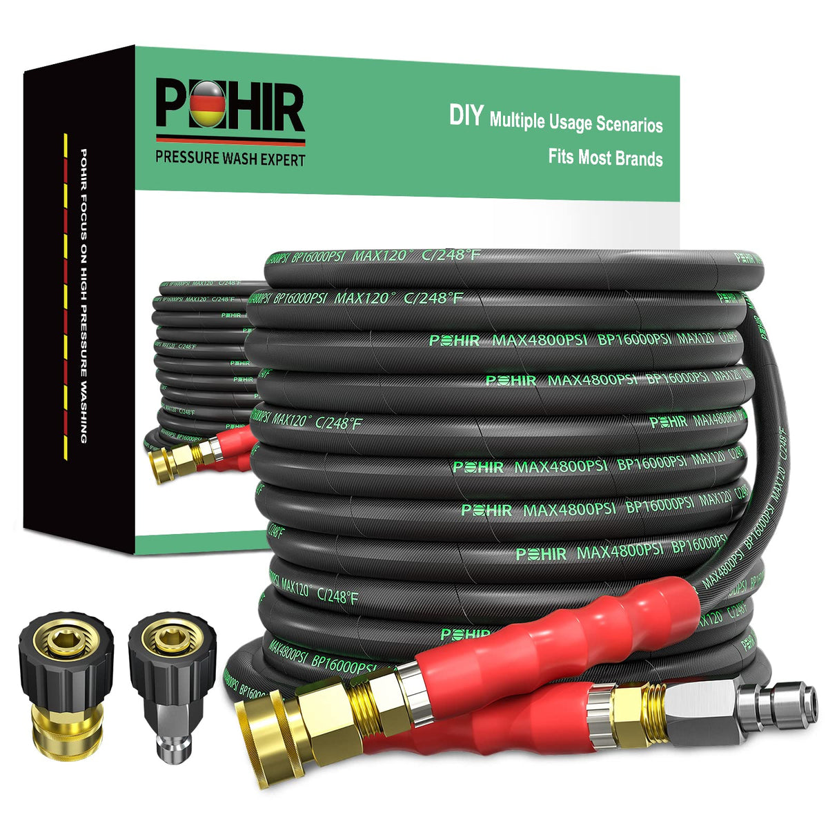 POHIR 50ft 3-8 pressure-washer hose ideal for rugged outdoor cleaning.