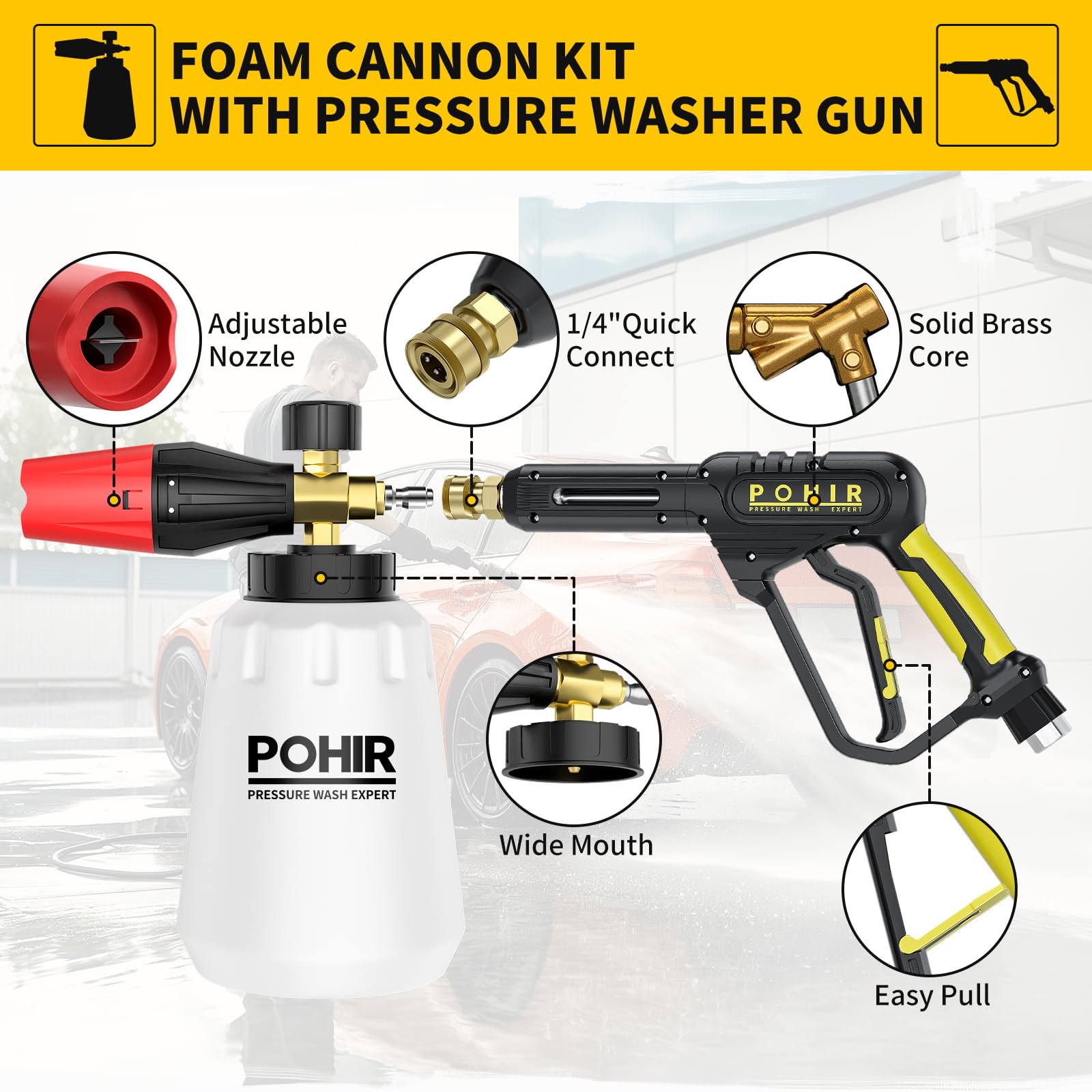 POHIR foam cannon 1L with adjustable nozzle for even soap coverage