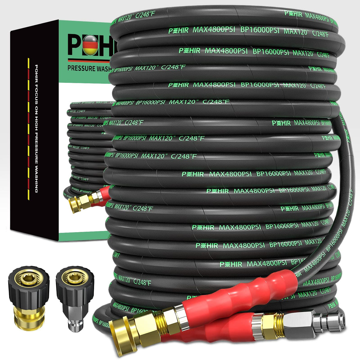 POHIR 100ft 3/8in quick-connect hose with extended reach and secure connections